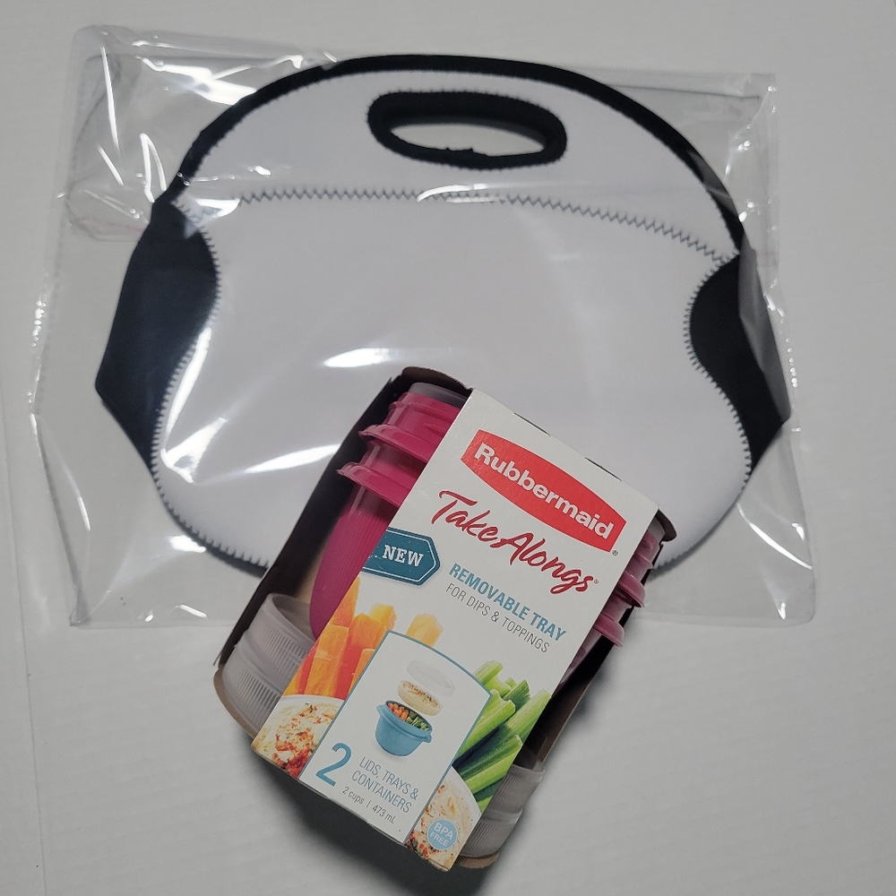 Foodie Lunch Tote Neoprene Bag w BONUS Set of 2 Rubbermaid Take Along Containers